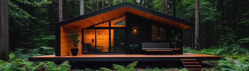 Modern cabin nestled amidst a lush forest.