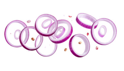 Obraz premium Red onion rings falling isolated on solid white background Png
