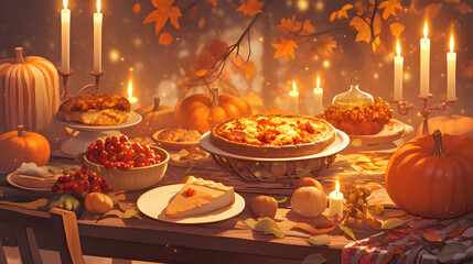 Obraz premium Pumpkin pie glowing under candlelight autumn