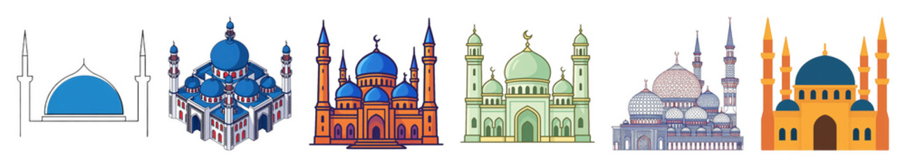 Fototapeta premium Mosque architecture set including diverse styles, vibrant colors, minarets, and domes isolated. Islamic cultural and religious building collection.