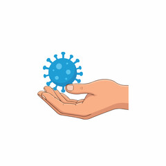 Vector illustration of hand holding blue virus cell, perfect for health awareness, pandemic prevention poster, medical education and science infographic design