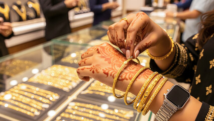 Close-Up Shot of Woman Trying Gold Bangles for Dhanteras Festival Shopping