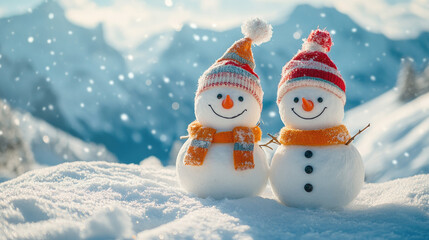 Fototapeta premium Cheerful snowmen wearing festive accessories posing together near snow-covered mountains, capturing winter holiday spirit with whimsical seasonal charm