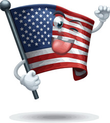Whimsical American flag character waving with a wink and playful expression, celebrating freedom and patriotism