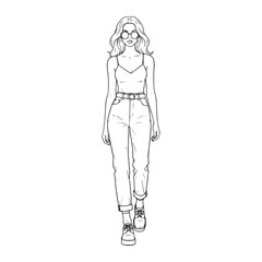 Fashion illustration of a beautiful woman walking. Hand-drawn black and white line art sketch of a stylish model in a casual outfit.
