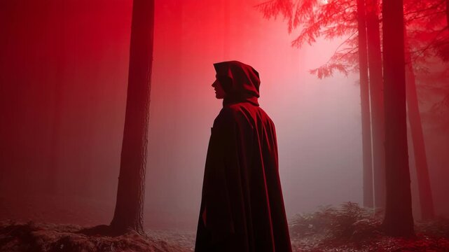 Cozy halloween concept ,Mysterious hood figure dark robe red forest fog eerie mood night silhouette woodland scene hood figure