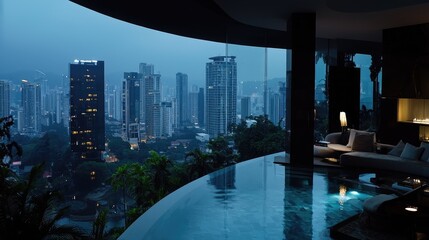 Naklejka premium Panoramic city view from a luxury infinity pool.