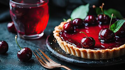 Delicious cherry tart with a drink on a dark table.