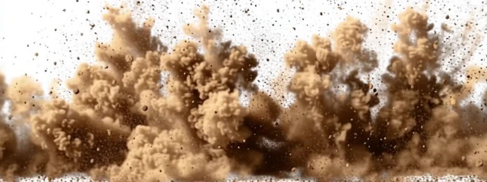 Dust sand soil smoke cloud particles isolated on transparent white background. Brown sandstorm smog sand dust explosion rising. Design elements for Compositing, covering, overlay, PNG