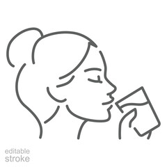 Woman drinking a glass of water icon. Simple outline style. Drink, mouth, face, person, girl, people, hand, skin, thirst, perfect, thirsty concept. Thin line symbol. Isolated design editable stroke.
