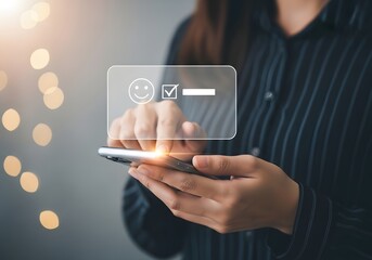 Person using a smartphone to interact with a holographic checklist interface
