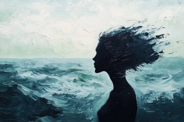 Silhouette of a woman facing the turbulent sea, her hair flowing like the waves.