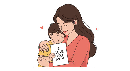 A loving mother and her child sharing a tender moment, the child holds a card that says "I LOVE YOU MOM," celebrating maternal affection and family bonds