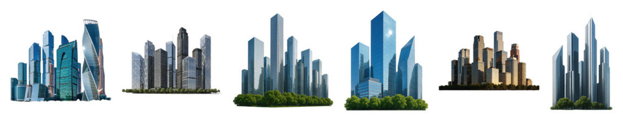 Fototapeta premium Modern skyscraper buildings set including diverse cityscape clusters and urban skyline elements isolated. Architectural design and real estate concepts.