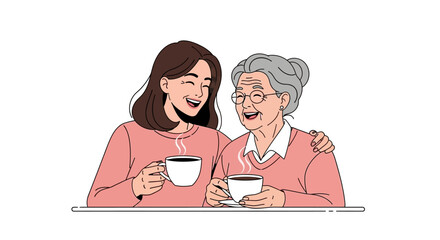 Elderly woman and young woman sharing a warm cup of coffee, smiling and enjoying each other's company, representing generational connection and moments of togetherness