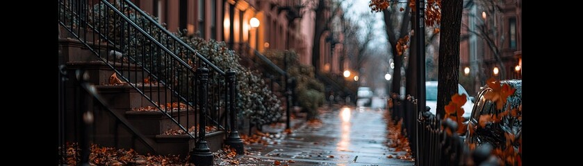 Urban street scene on a rainy autumn day.