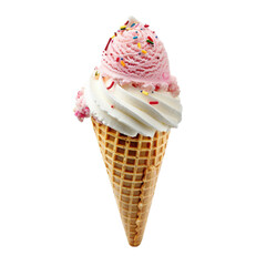 Colorful ice cream cone with pink and white swirls topped with sprinkles on a sunny day