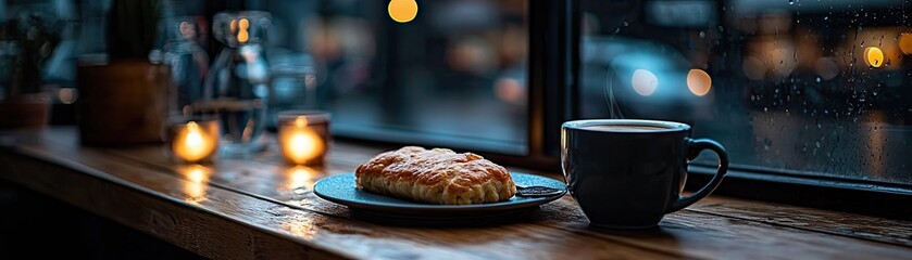 Rainy cafe scene with pastry and coffee.