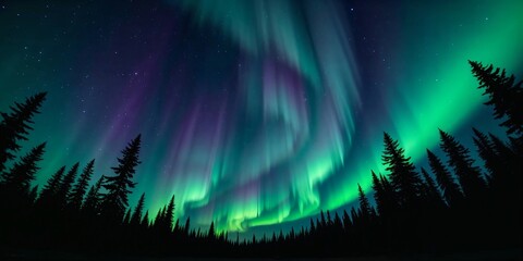 The vibrant Aurora Borealis dances over a silhouette of tall pine trees, painting the night sky with brilliant greens and purples.