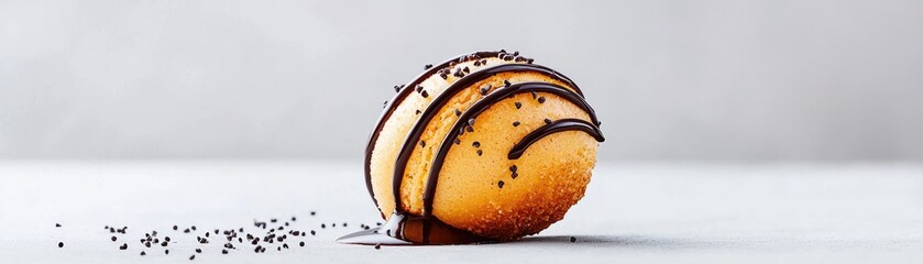 Exquisite round dessert with chocolate drizzle and poppy seeds.