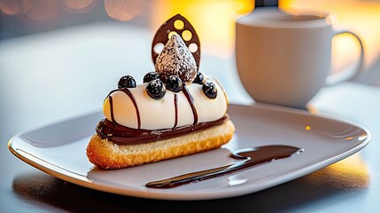 Exquisite white chocolate dessert with dark chocolate and blueberries.