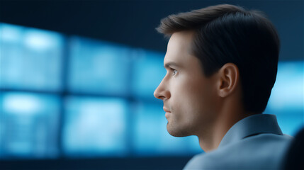 Profile portrait of young businessman looking at multiple digital screens, concept of technology, future, leadership, analysis, corporate vision and digital transformation.