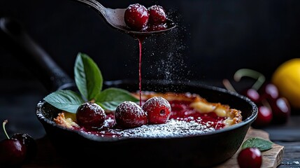 Delicious cherry dessert in cast iron skillet.
