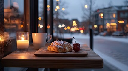 Cozy winter scene with pastries and coffee.