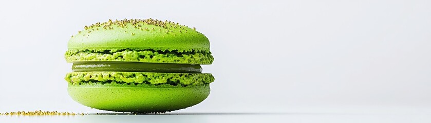 Green macaron on a white surface.