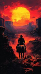 Lone cowboy riding horse into fiery sunset canyon. (1)