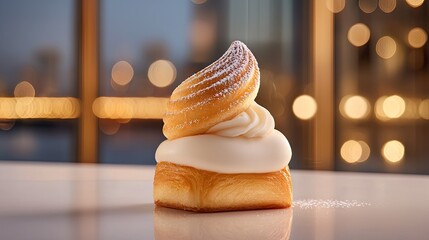 Close-up view of a delectable pastry topped with creamy filling.
