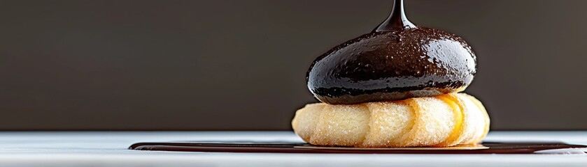 Exquisite dessert creation drizzled with dark chocolate.