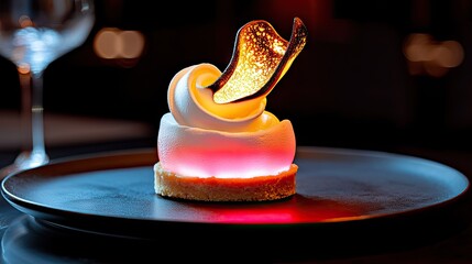 Gourmet dessert presentation with illuminated interior.