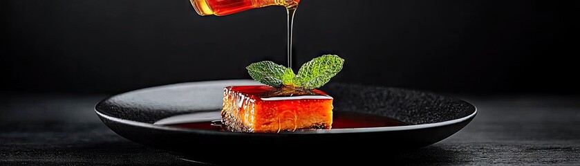 Sweetened square dessert with a drizzle of syrup.