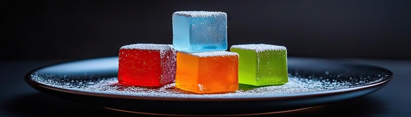 Colorful square jellies on a dark plate.