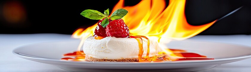 Flaming dessert with raspberries and caramel sauce.
