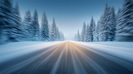 Winter road leading into snowy forest with motion blur effect, symbolizing speed, travel, adventure, seasonal atmosphere and cold nature landscape with open copy space for design use.