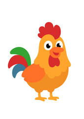 Rooster with colorful feathers, bright farm bird illustration for children’s projects, education, and design use.