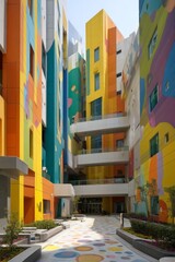 Fototapeta premium A children’s hospital with playful exterior design. Bright murals cover the walls. The mood feels cheerful and comforting, Generative AI 