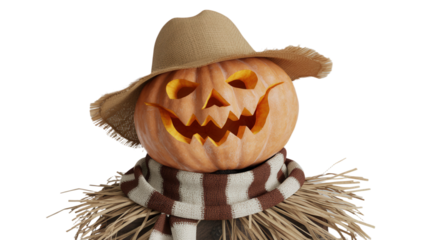 Halloween scarecrow decoration carved pumpkin head with hat and scarf isolated on white on Transpare