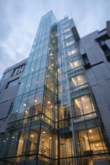 A high rise private hospital tower. Glass elevators rise along the side. The mood feels modern and prestigious, Generative AI 