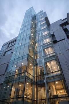 A high rise private hospital tower. Glass elevators rise along the side. The mood feels modern and prestigious, Generative AI 