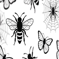 A seamless vector collection of various insects, including a bee, spider, and butterfly, in black silhouette white background.




