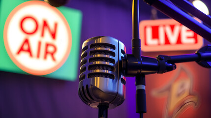Microphone under spotlight with On Air sign for live broadcast