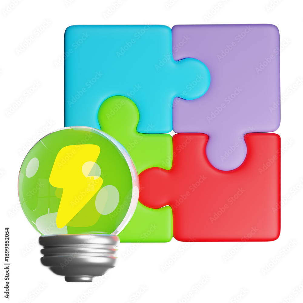 Poster light bulb and colorful puzzle pieces generating innovative ideas on transparent background