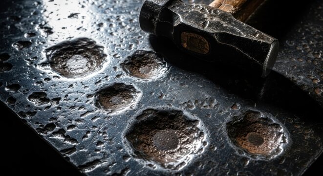Metal surface impacted by hammer blows with forged steel hammer