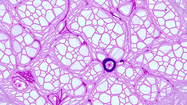 Skeletal muscle atrophy, photomicrograph showing decreased fiber size with increased spacing between them, reduced myofibrils, increased endomysial connective tissue with fatty infiltration