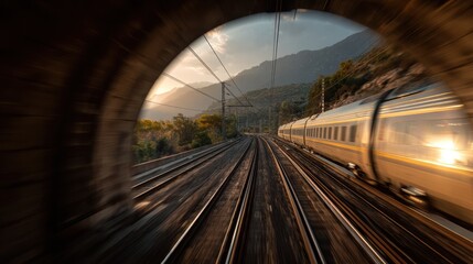Obraz premium Train rushing out of a stone tunnel, sunlit mountains in background with tracks below
