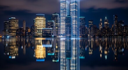 Obraz premium Spectacular Cityscape at Night Illuminated with Vibrant Light Reflections on Calm Water Surface a Captivating Urban Landscape