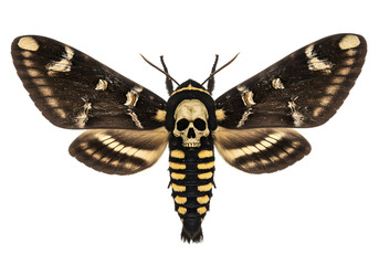 Detailed studio shot showcases the Death's-head hawkmoth, featuring its distinctive skull-like marking on its thorax, isolated against a stark white background.